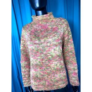 Orvis Womens L 100% Wool Chunky Knit Mock Neck Sweater Multicolor Space Dye 21HP